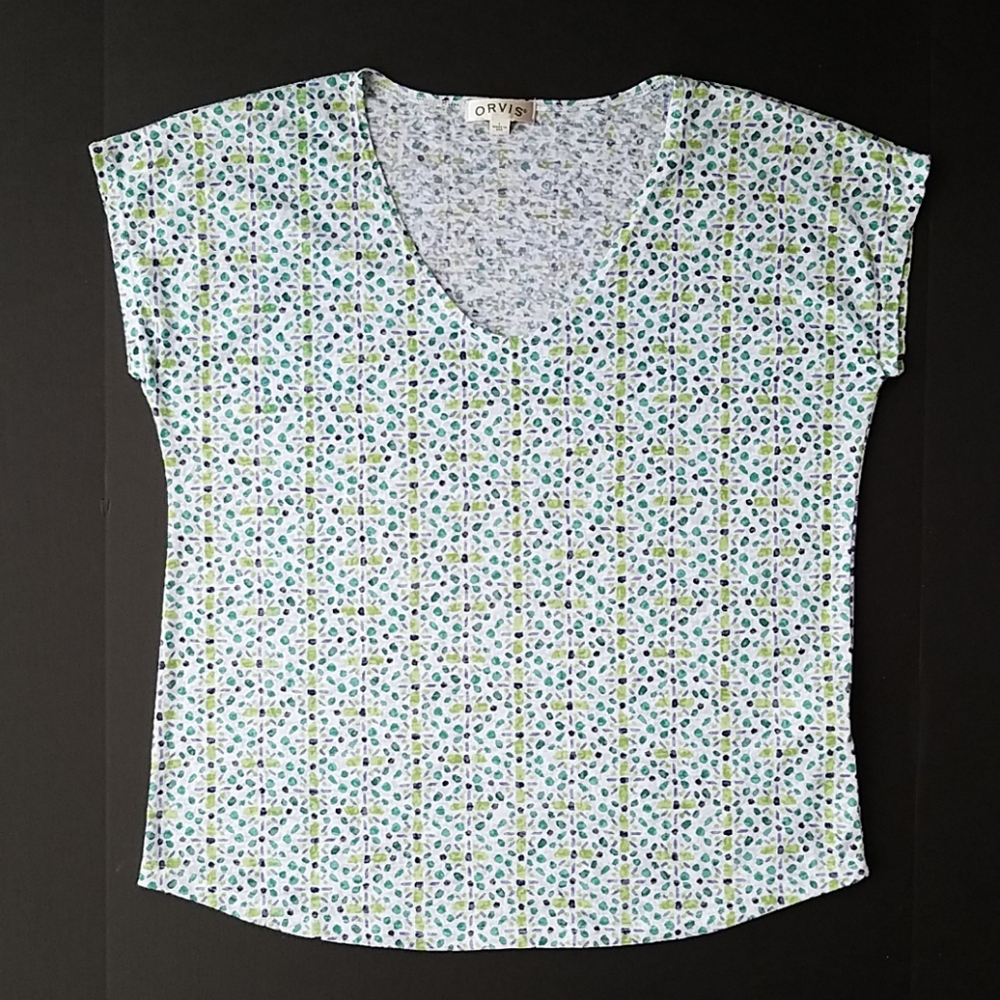 Orvis Print V-Neck Cap Sleeve Tee T-Shirt Size L